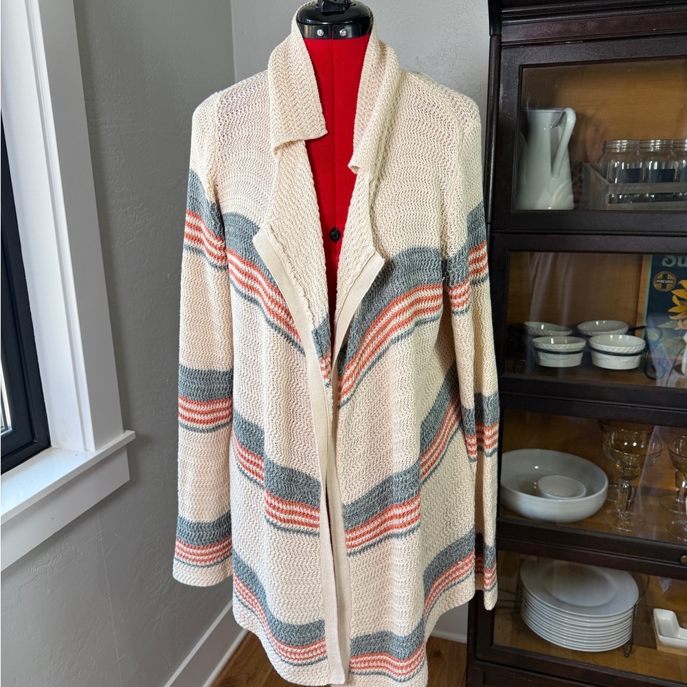 Mystree Boho Striped Open Front Cream Blue Red Cardigan Sweater Size L